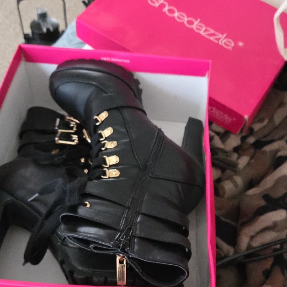 Shoe Dazzle Black Boots with Gold Accents
